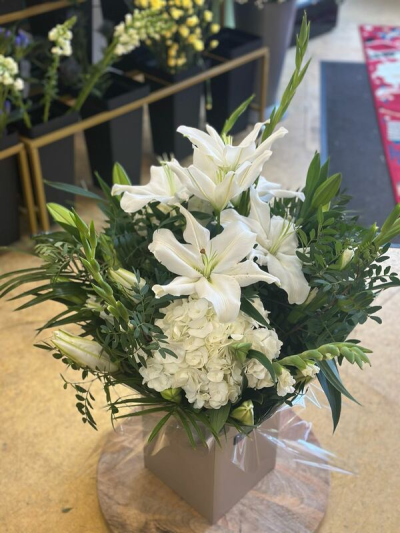 Classic Elegance - A timeless and sophisticated arrangement showcasing a serene palette of crisp whites and lush greenery. Designed with graceful height and structure, this piece combines soft, cloud-like textures with striking focal blooms to create a refined and calming presence. The clean, modern container enhances its classic appeal, making it perfect for sympathy gestures, formal occasions, or adding a touch of understated luxury to any space.