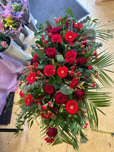 Red Oasis spray - A striking and deeply expressive arrangement, rich in bold crimson tones and lush greenery. Designed in a classic elongated style, this tribute conveys love, strength, and lasting remembrance. The vibrant colour palette is beautifully balanced with textured foliage, creating depth and movement throughout. Perfect for honouring a cherished life, this piece offers a powerful and heartfelt expression of respect and devotion.